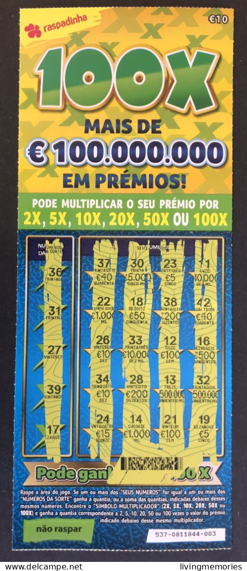 116 U, PORTUGAL, Lottery Ticket« Raspadinha », « Instant Lottery », « 100 X Mais De €100.000.000 ... », Nº 537 - Lottery Tickets