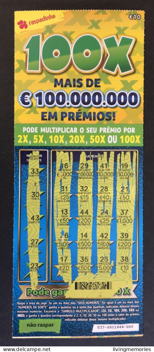 116 U, PORTUGAL, Lottery Ticket« Raspadinha », « Instant Lottery », « 100 X Mais De €100.000.000 ... », Nº 537 - Lottery Tickets