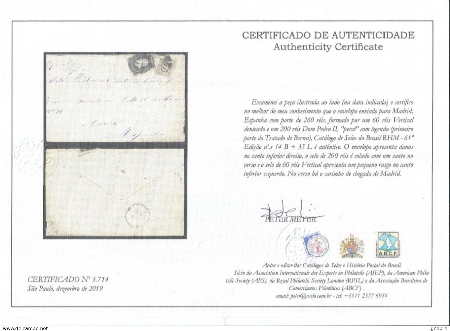 BRAZIL To MADRID SPAIN COVER 60 REIS DENTEADO AND DOM PEDRO II PERCE WITH LEGEND - CERTIFICATE - Briefe U. Dokumente