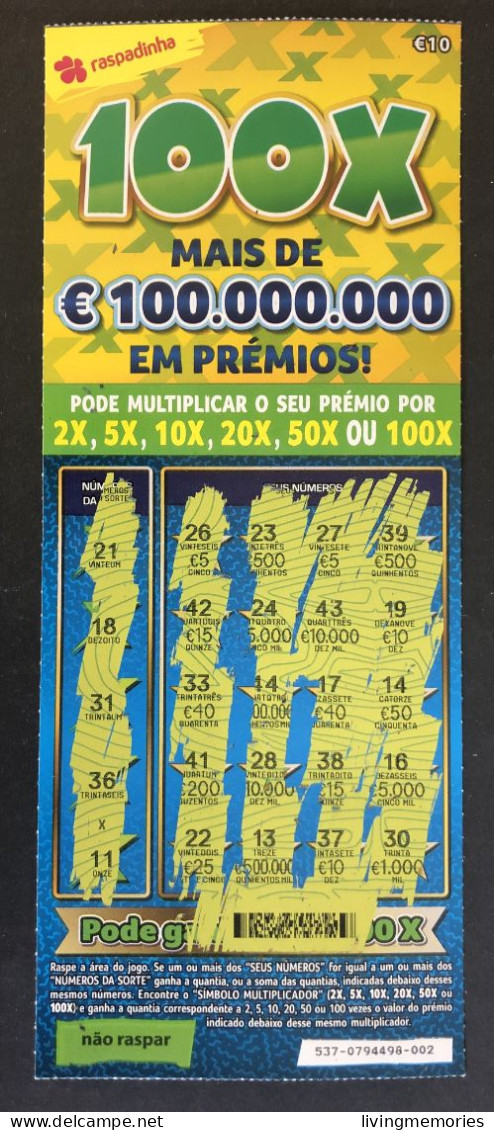 116 U, PORTUGAL, Lottery Ticket« Raspadinha », « Instant Lottery », « 100 X Mais De €100.000.000 ... », Nº 537 - Lottery Tickets