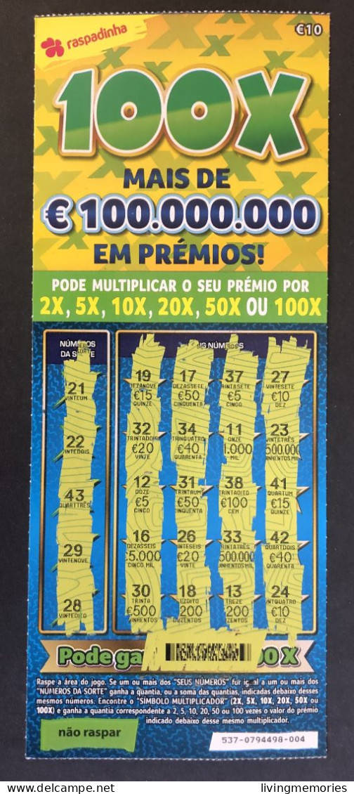 116 U, PORTUGAL, Lottery Ticket« Raspadinha », « Instant Lottery », « 100 X Mais De €100.000.000 ... », Nº 537 - Biglietti Della Lotteria