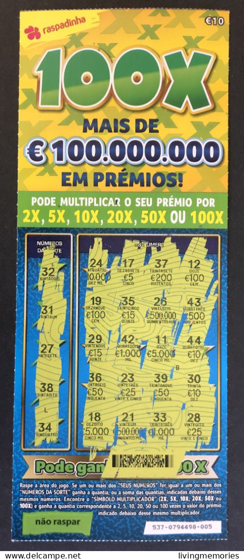 116 U, PORTUGAL, Lottery Ticket« Raspadinha », « Instant Lottery », « 100 X Mais De €100.000.000 ... », Nº 537 - Biglietti Della Lotteria