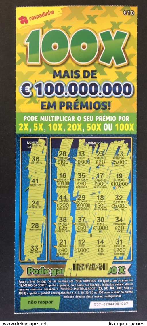 116 U, PORTUGAL, Lottery Ticket« Raspadinha », « Instant Lottery », « 100 X Mais De €100.000.000 ... », Nº 537 - Lottery Tickets