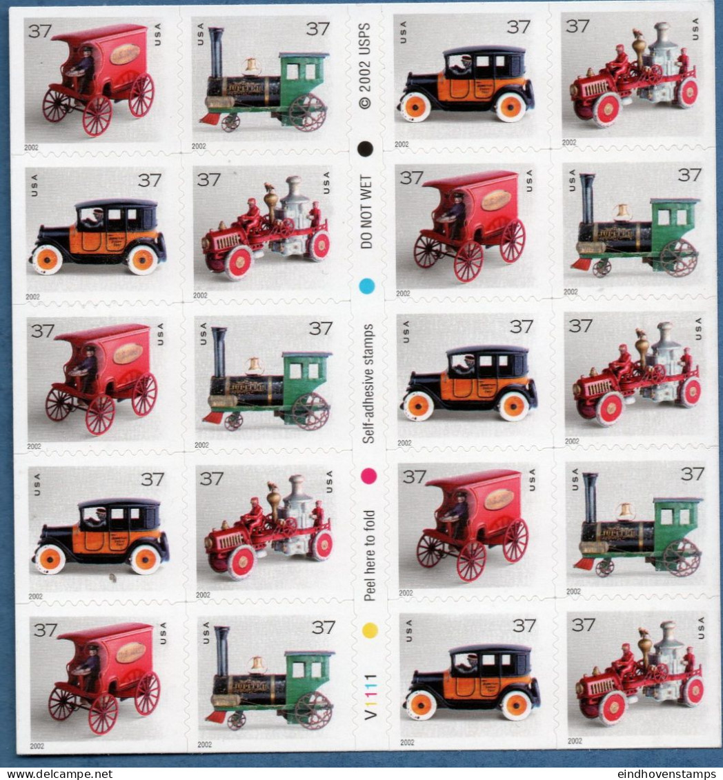 USA 2002 Old Toys Foil Leaf 20 Stamps MNH Train, Car, Mail Trolley, Fire Truck - Autres & Non Classés