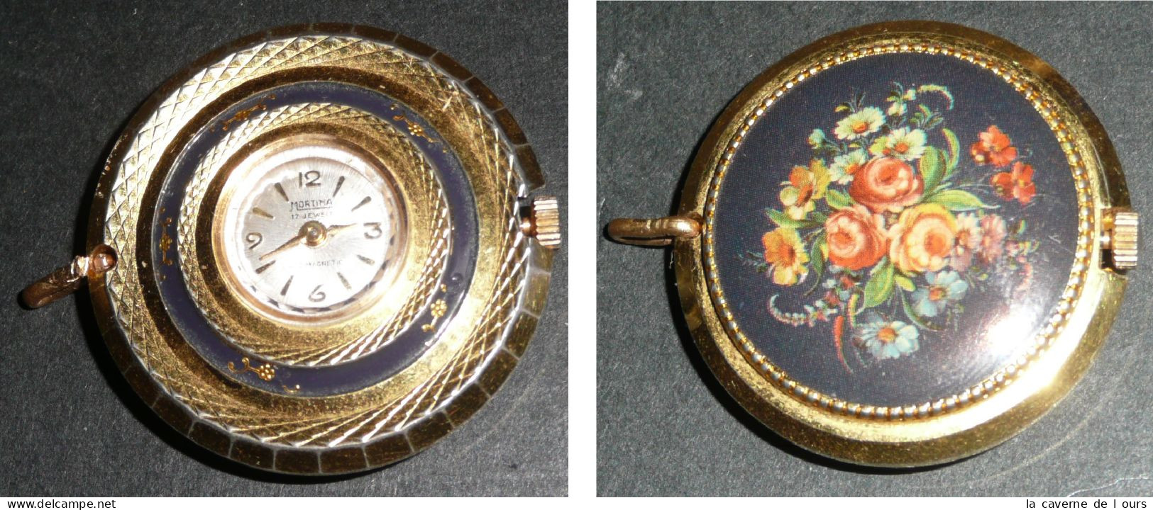 Rare Ancien Pendentif-montre Mécanique, MORTIMA 17 Jewels, Décor Fleurs, Gousset - Taschenuhren