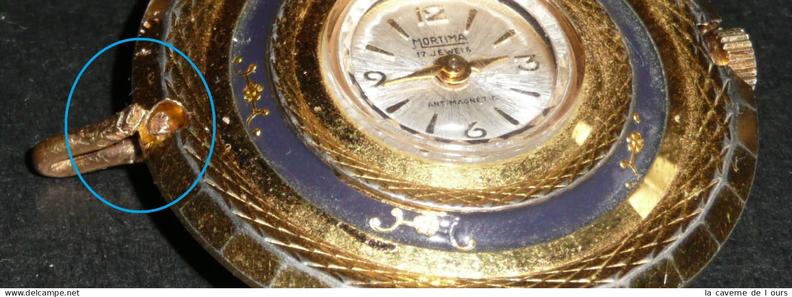 Rare Ancien Pendentif-montre Mécanique, MORTIMA 17 Jewels, Décor Fleurs, Gousset - Orologi Da Polso