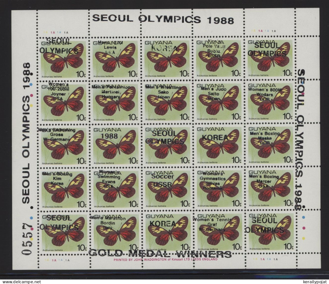 Guyana - 1989 Butterflies Seoul MISPLACED Silver Overprint Sheet MNH_(FIL-1754) - Mariposas