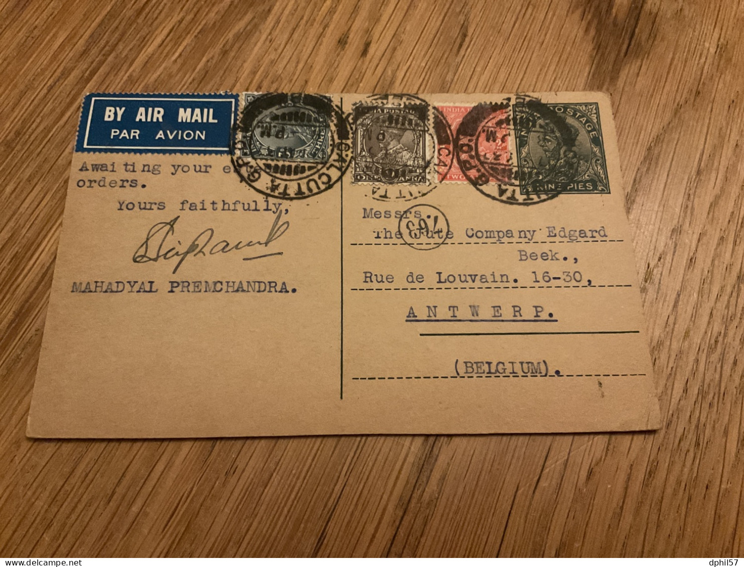 Inde Entier Postal Envoyé à Anvers En 1937 - Otros & Sin Clasificación