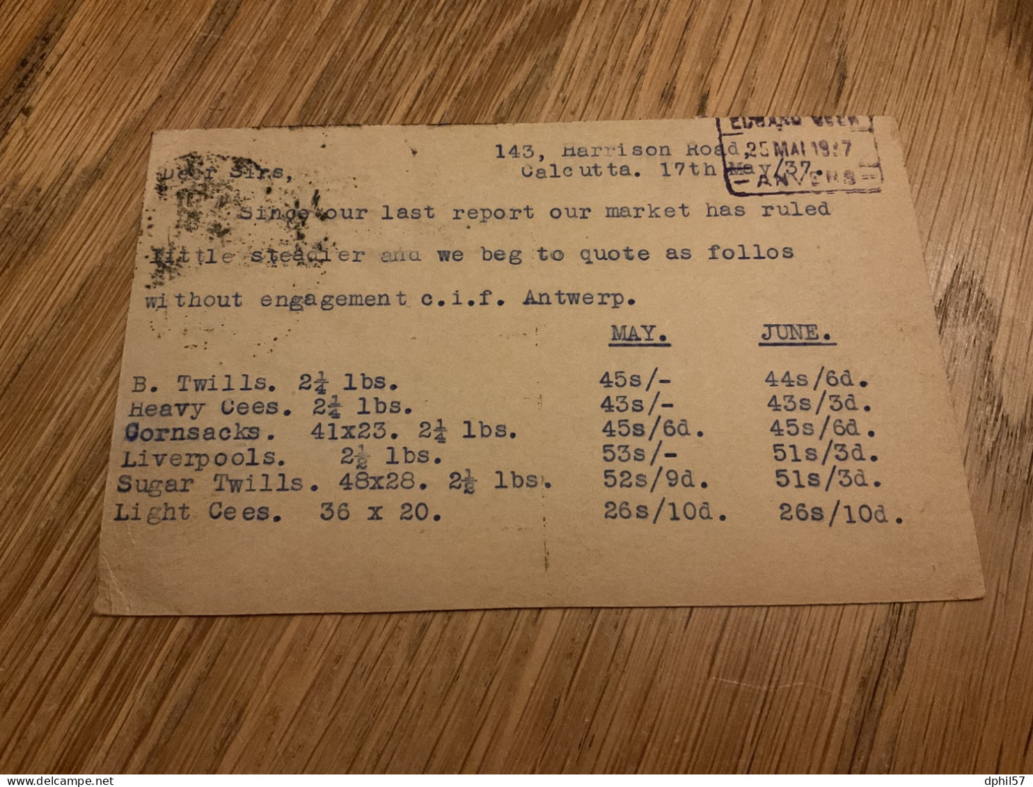 Inde Entier Postal Envoyé à Anvers En 1937 - Other & Unclassified