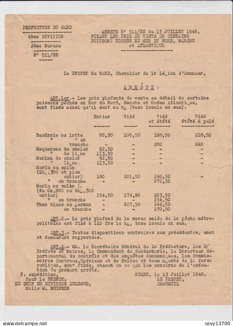 Arrêté Du 13.07.1948 Fixant Le Prix De Certains Poissons - Préfet Du Gard - Gesetze & Erlasse