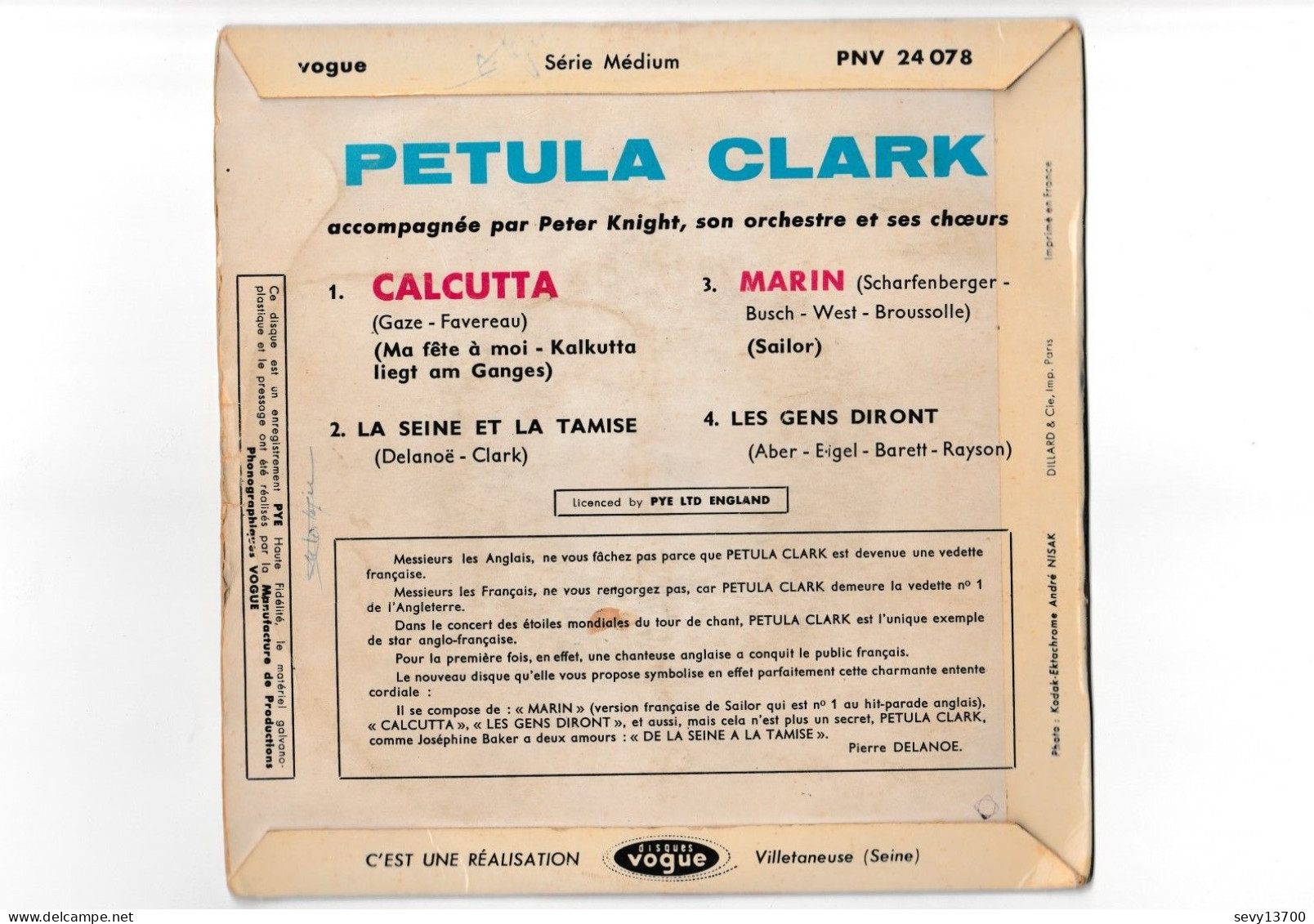 2 vinyles 45 tours Petula Clark - Il faut revenir, Calcutta, Marin Disques Vogue