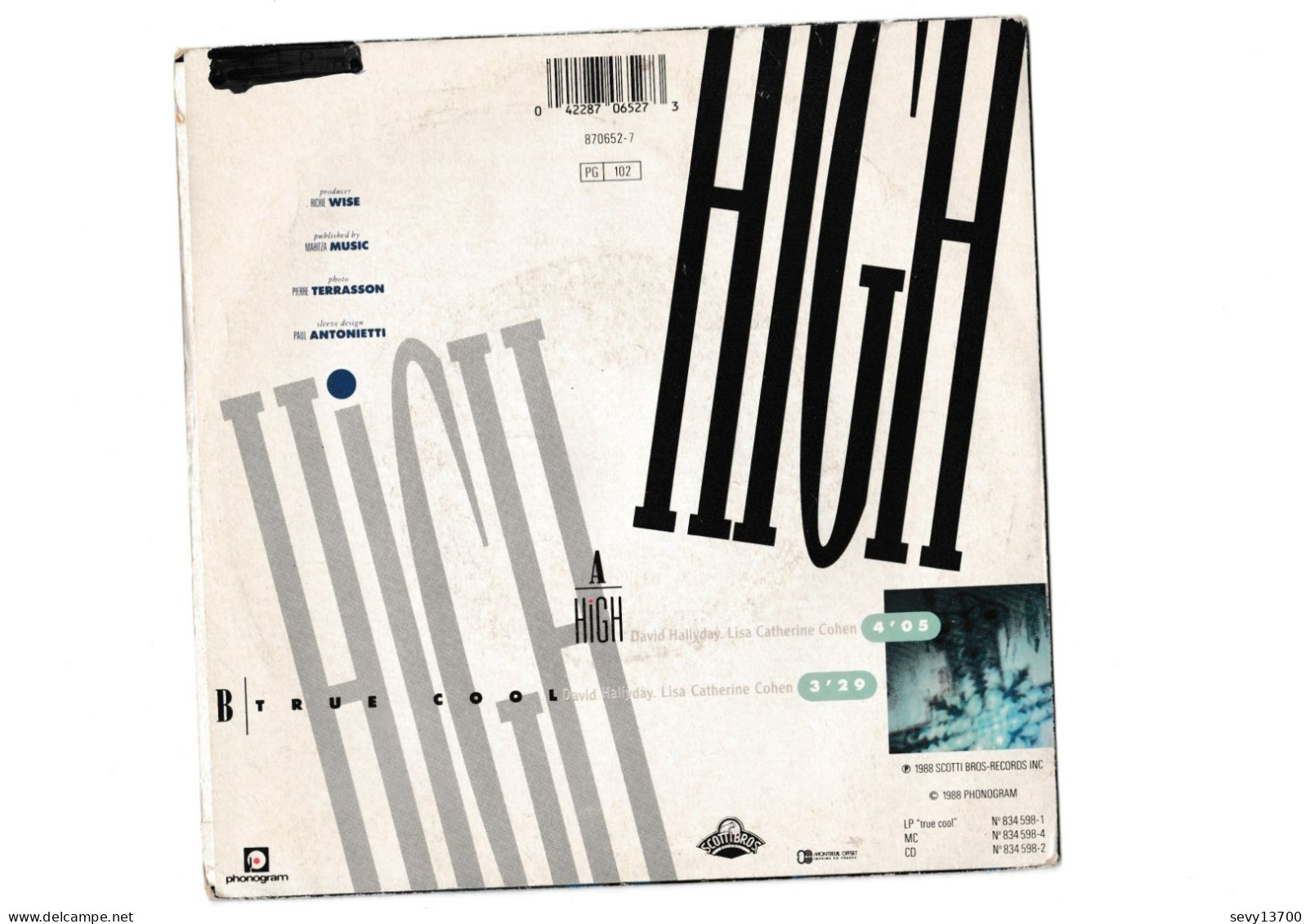 Vinyles 45 Tours David Hallyday - High - Année 1988 - Sonstige - Franz. Chansons
