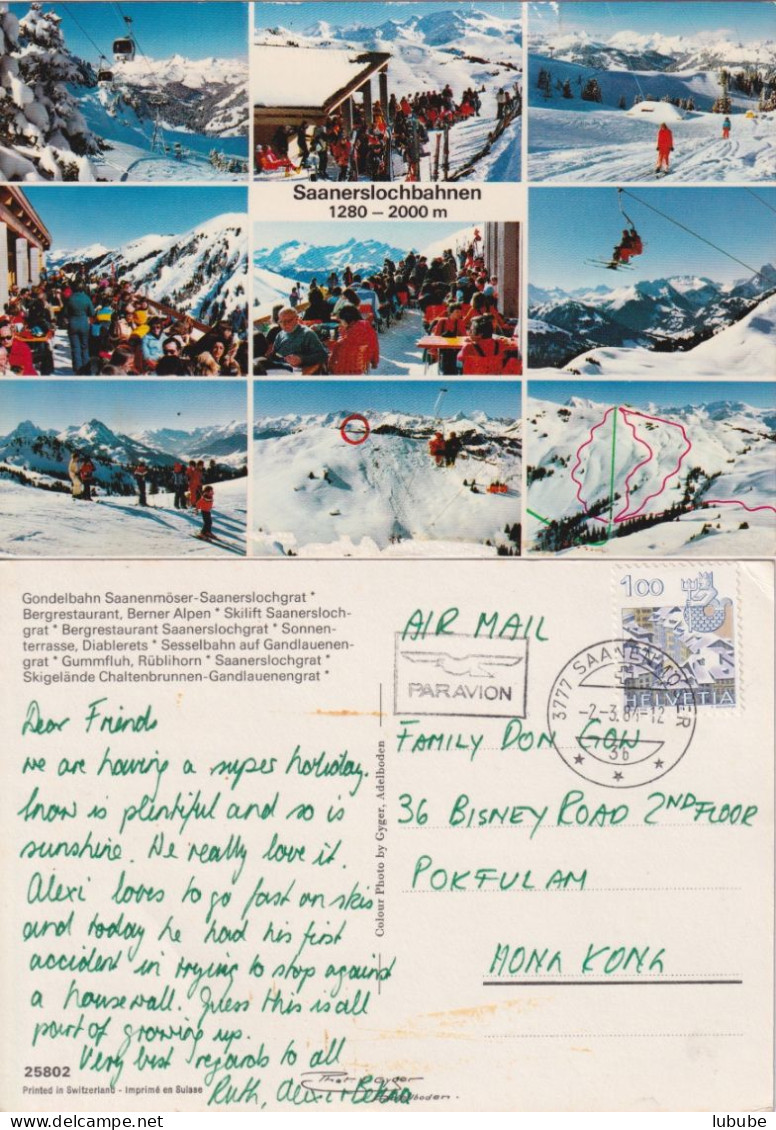 Airmail AK  "Saanerslochbahnen"  Saanenmöser - Hong Kong       1984 - Cartas & Documentos