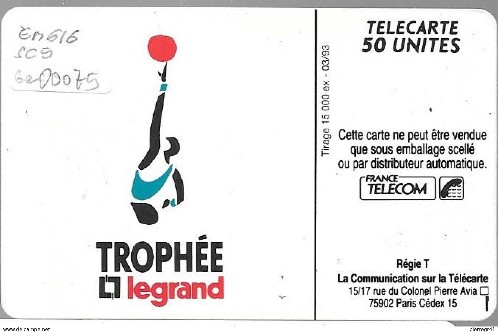 -CARTE-PRIVEE-50U-SC5-03 /93-En616-Série LEGRAND-BASKETEUR3-V°Ge 00075-UTILISE-TBE - 50 Unités   