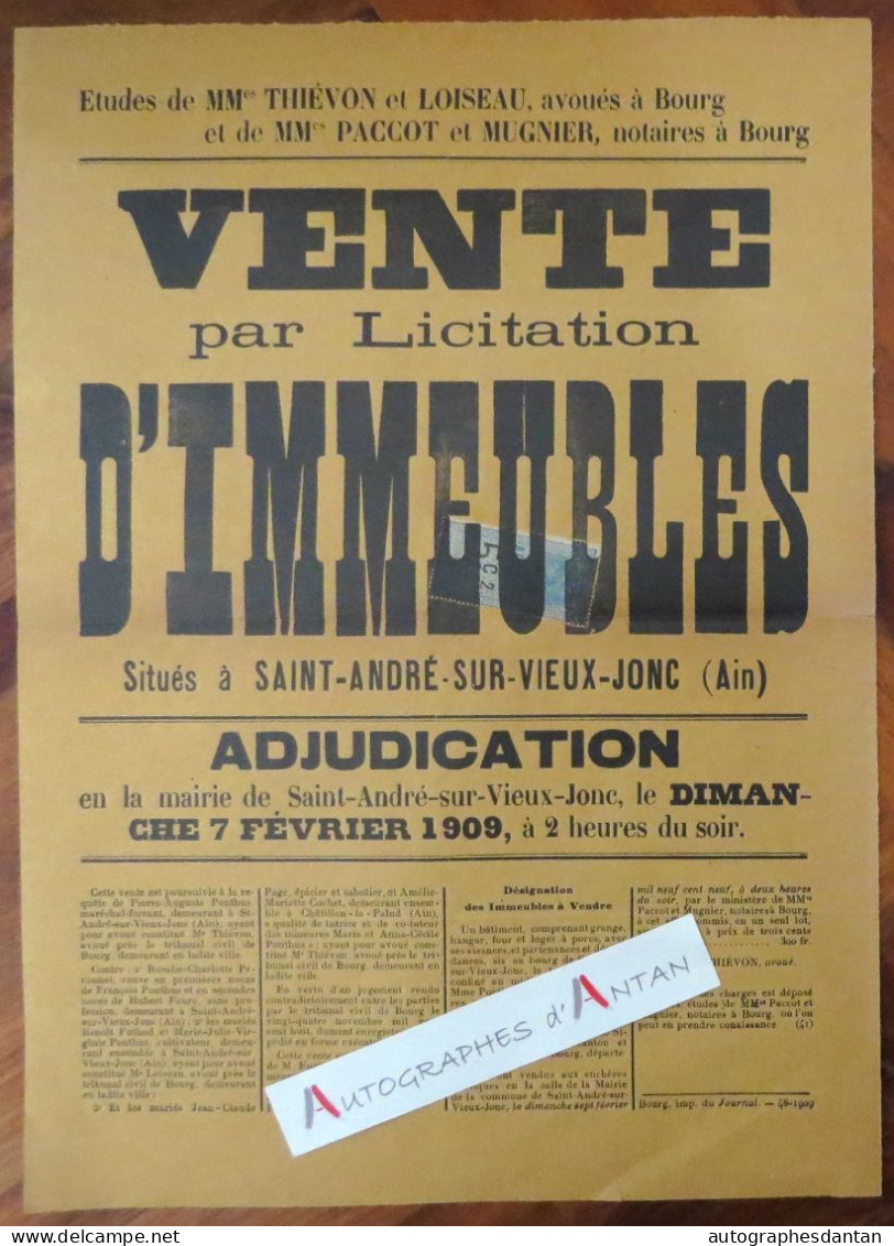 ● Affiche 1909 Saint André Sur Vieux Jonc (Ain 01) Ponthus Maréchal Ferrand Vente Immeuble Péronnet Puthod Timbre - Plakate