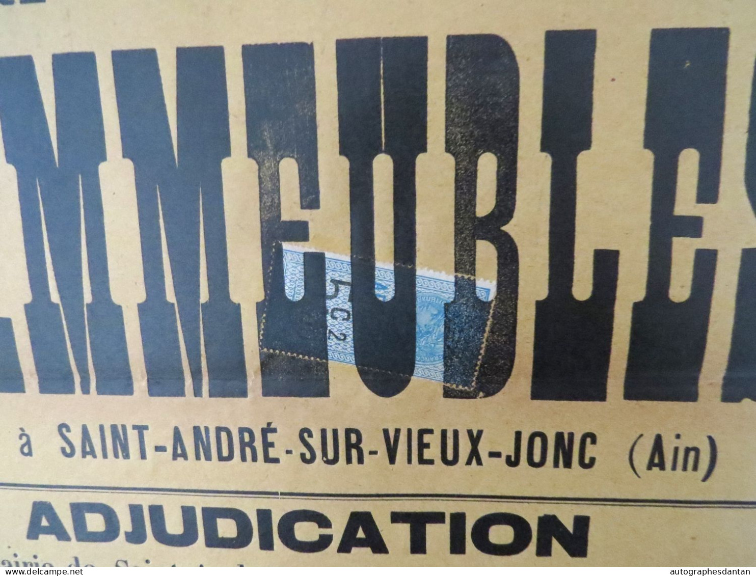 ● Affiche 1909 Saint André Sur Vieux Jonc (Ain 01) Ponthus Maréchal Ferrand Vente Immeuble Péronnet Puthod Timbre - Manifesti