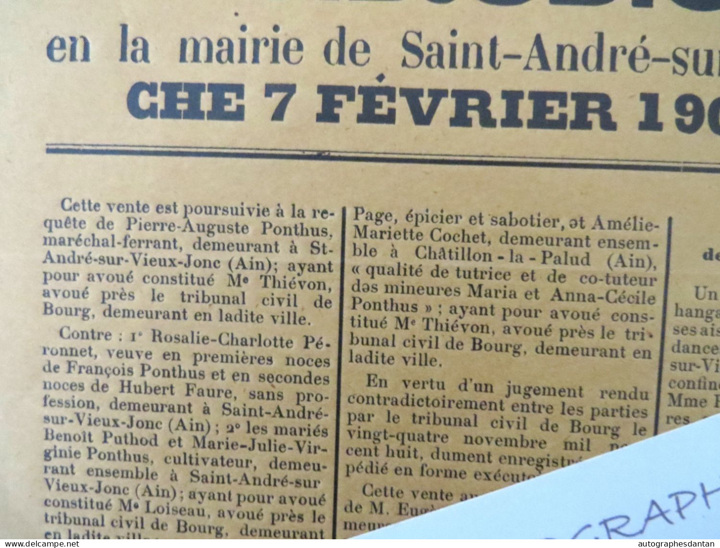 ● Affiche 1909 Saint André Sur Vieux Jonc (Ain 01) Ponthus Maréchal Ferrand Vente Immeuble Péronnet Puthod Timbre - Affiches