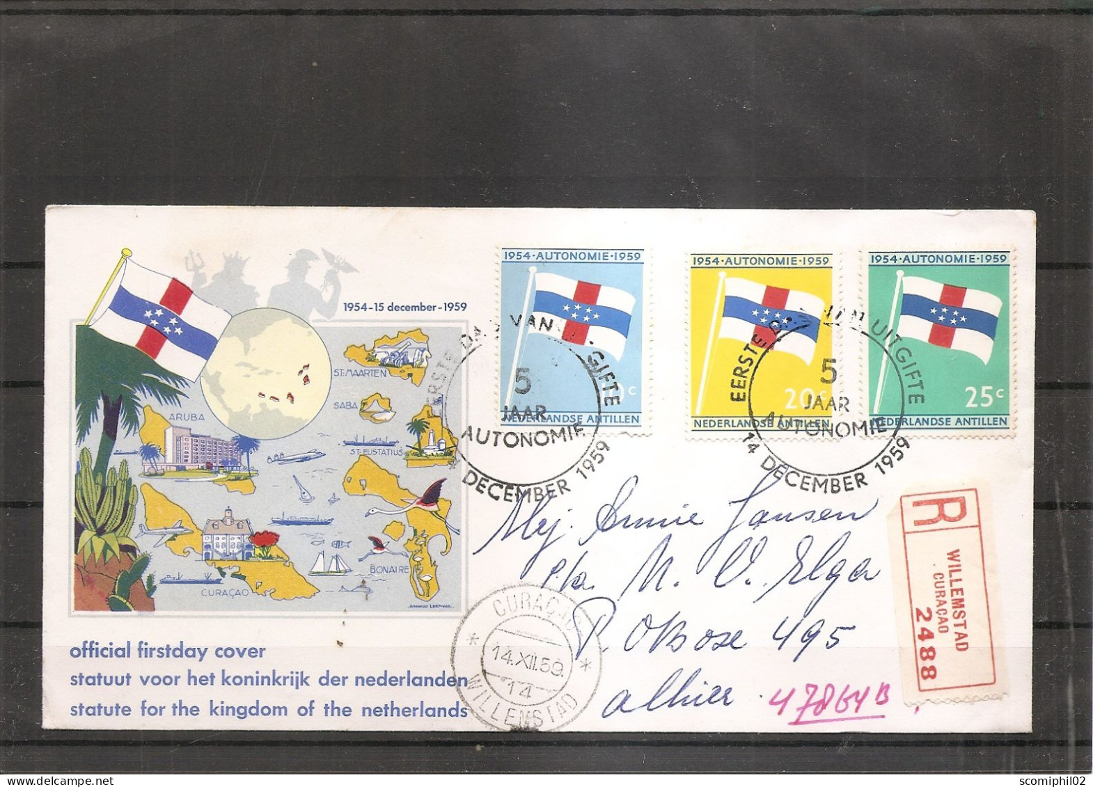 Antilles Néérlandaises - Drapeaux ( FDC De 1959 Voyagé En Recommandé De Willemstad  Vers La France à Voir) - Curacao, Netherlands Antilles, Aruba