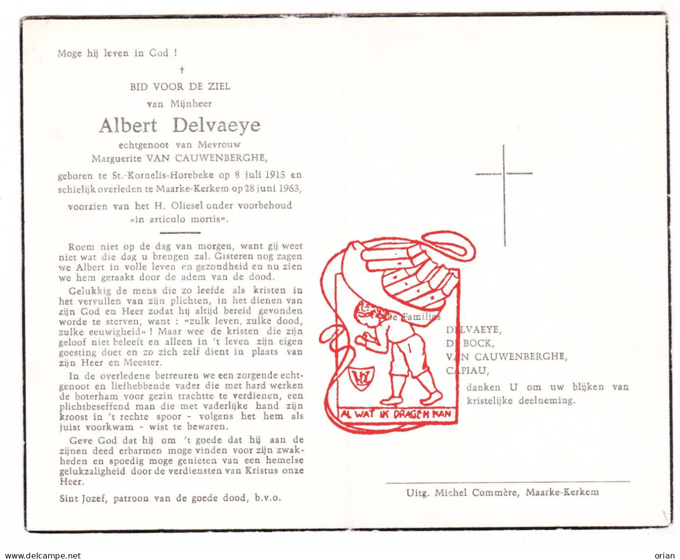 DP Albert Delvaeye ° St-Kornelis-Horebeke 1915 † Maarke-Kerkem Maarkedal 1963 X Marg. Van Cauwenberghe // De Bock Capiau - Images Religieuses