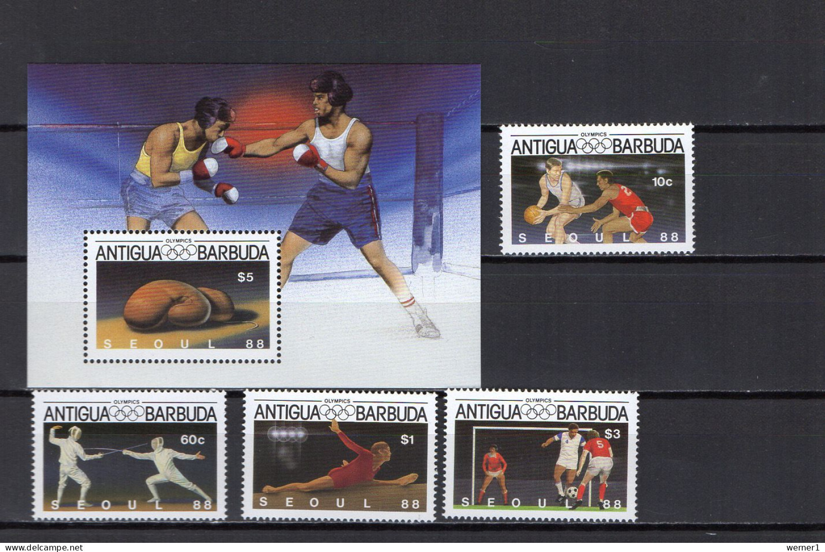 Antigua 1987 Olympic Games Seoul, Boxing, Basketball, Fencing, Football Soccer Etc. Set Of 4 + S/s MNH - Ete 1988: Séoul