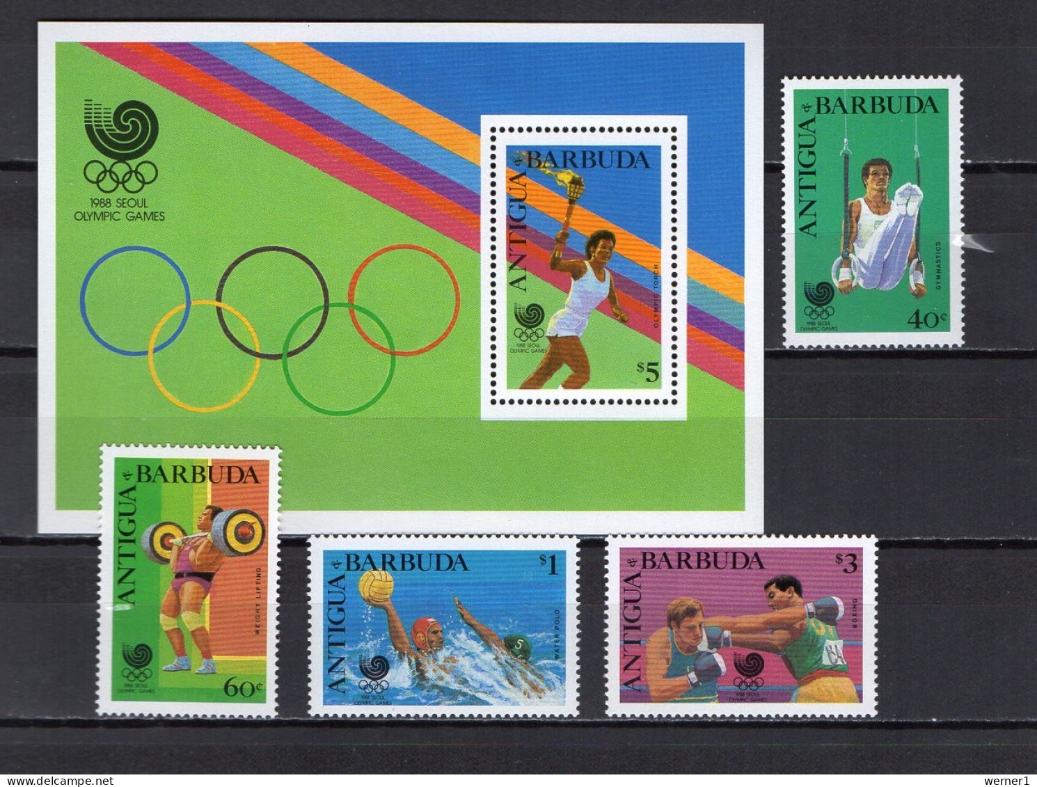 Antigua 1988 Olympic Games Seoul, Weightlifting, Waterball, Boxing Etc. Set Of 4 + S/s MNH - Summer 1988: Seoul