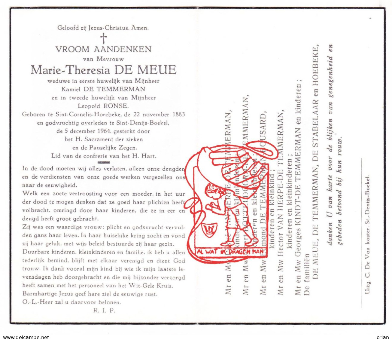 DP Marie De Meue ° Horebeke 1883 † St-Denijs-Boekel Zwalm 1964 De Temmerman Van Herpe Botteldoorn Bousard De Stabelaar - Images Religieuses