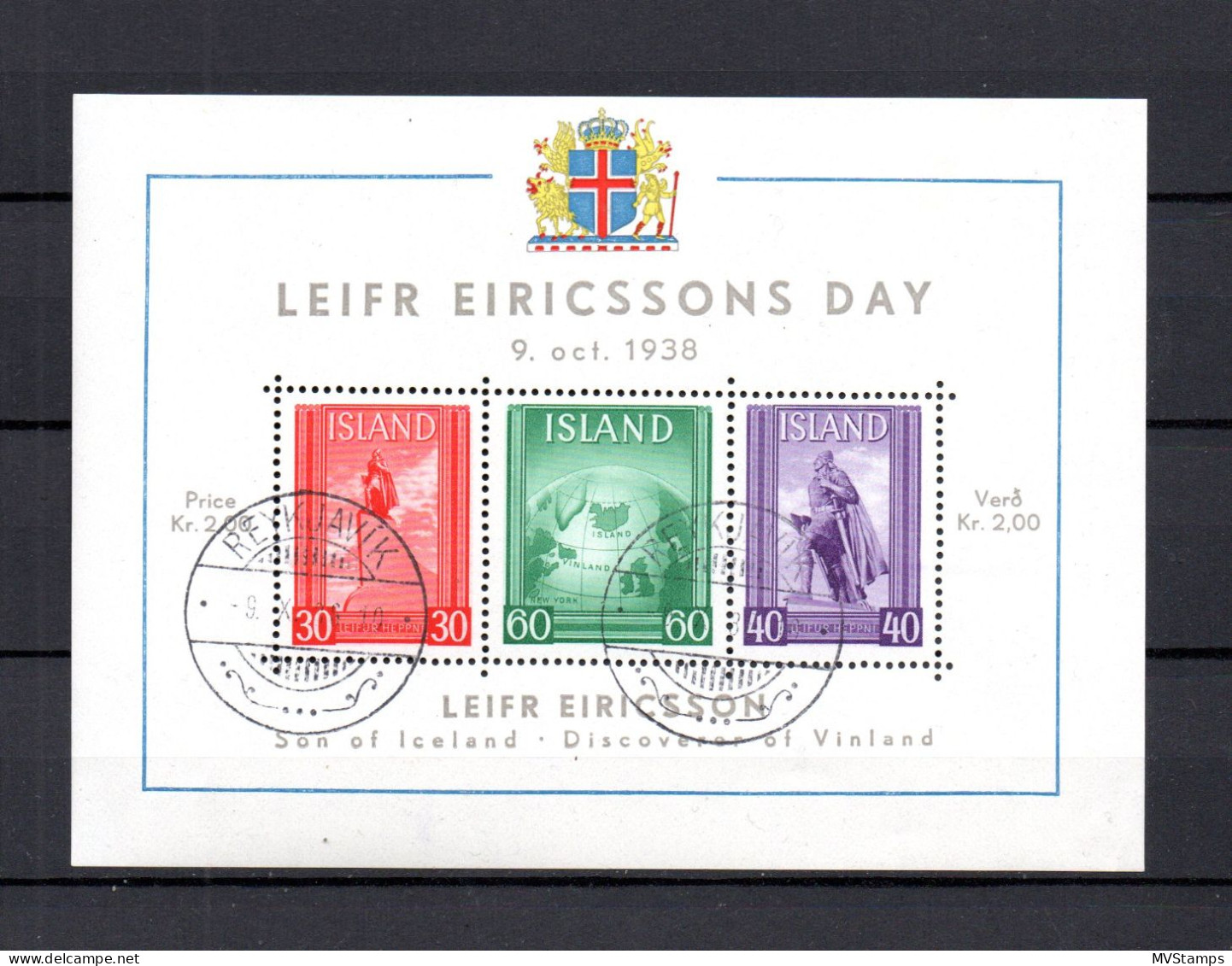 Iceland 1938 Old Sheet Leif Eriksson Stamps (Michel Block 2) Used - Hojas Y Bloques