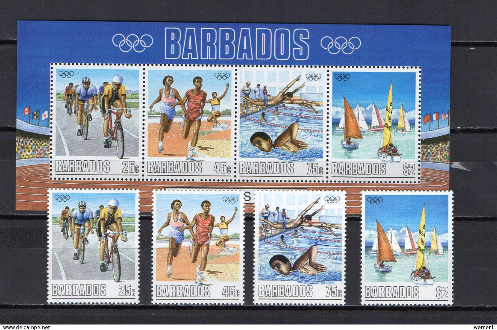 Barbados 1988 Olympic Games Seoul, Cycling, Swimming, Sailing Etc. Set Of 4 + S/s MNH - Summer 1988: Seoul