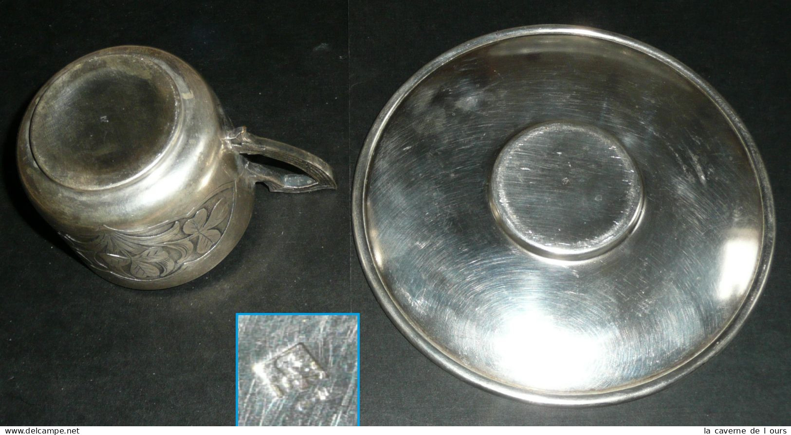 Rare Tasse Et Soucoupe En Métal Argenté Décor Végétal Art Nouveau, Poinçon - Silverware