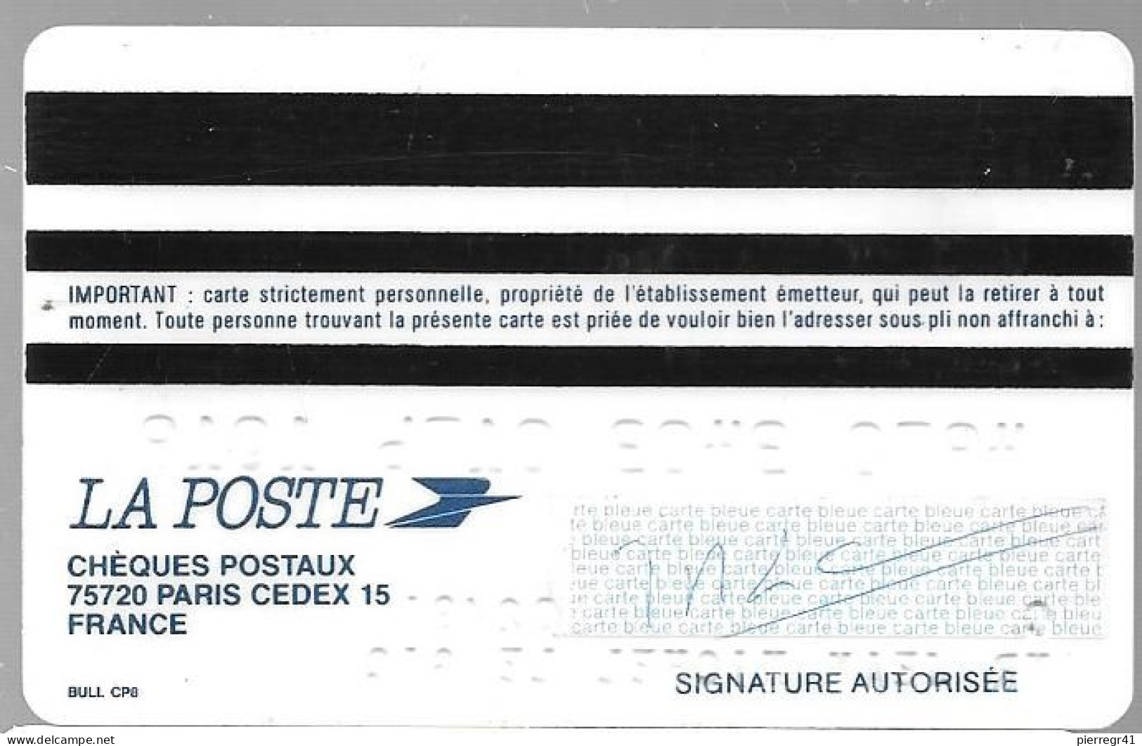 -CARTE-PUCE BULL-MAGNETIQUE-CARTE BLEUE LA POSTE-Exp 02/91-V°Bull CP8  TBE-RARE - Disposable Credit Card