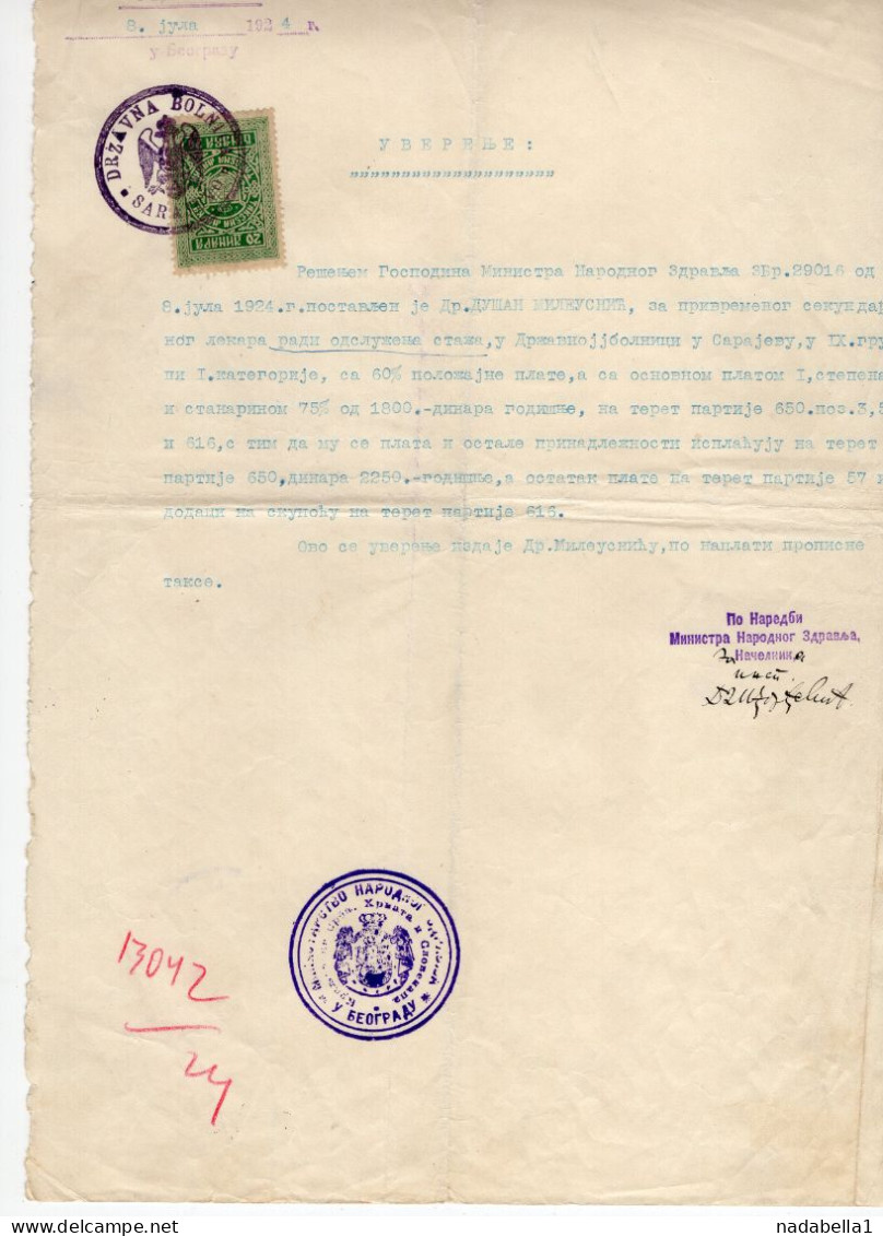 1924. KINGDOM OF SHS,BOSNIA,SARAJEVO STATE HOSPITAL,20 DIN. REVENUE STAMP,DOCTOR EMPLOYMENT ANNOUNCEMENT,CERTIFICATE - Lettres & Documents