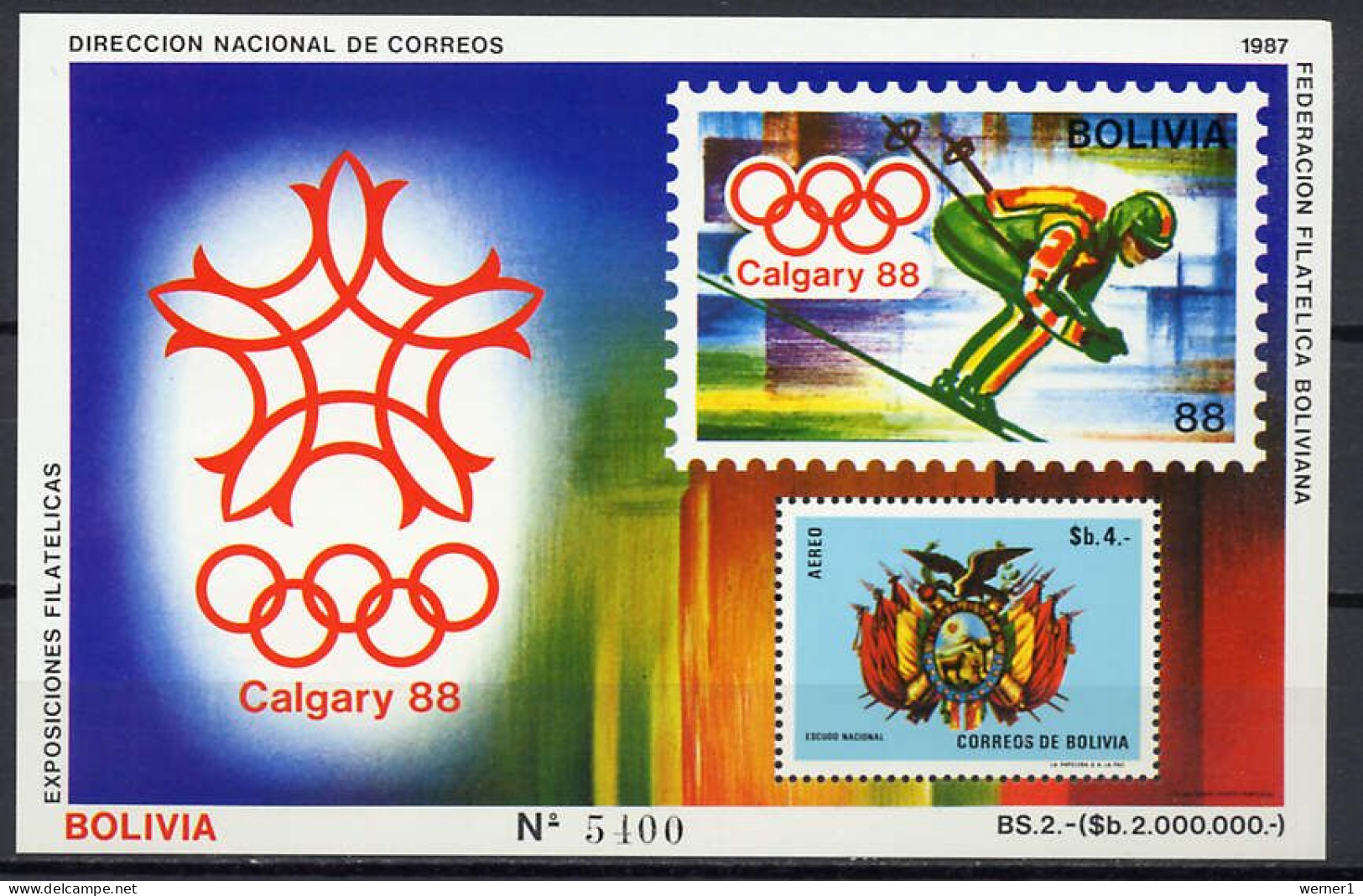 Bolivia 1987 Olympic Games Calgary S/s MNH -scarce- - Hiver 1988: Calgary