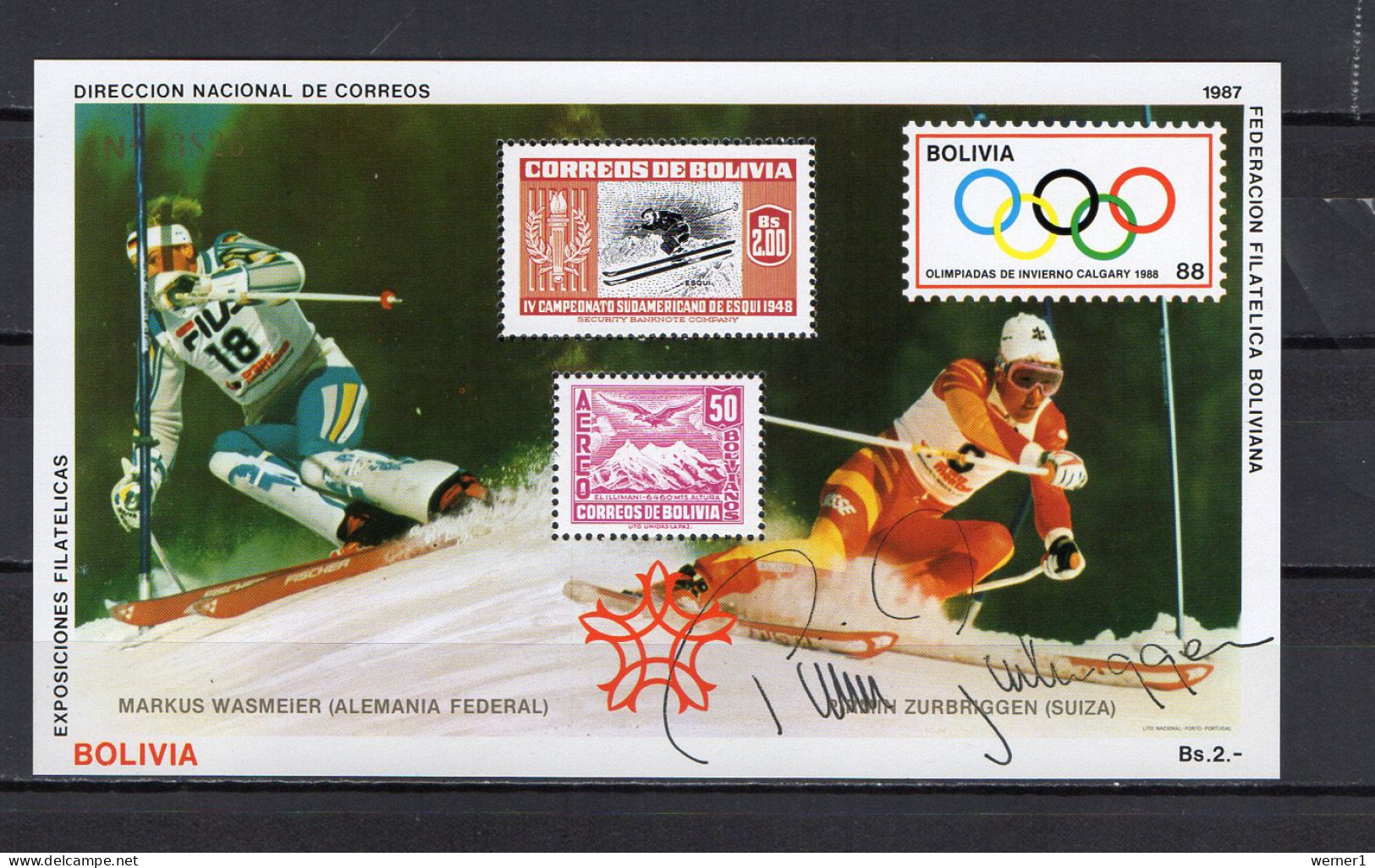 Bolivia 1987 Olympic Games Calgary S/s With Signature Of Pirmin Zurbriggen MNH -scarce- - Inverno1988: Calgary