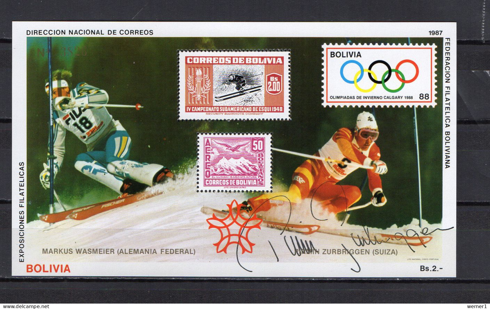 Bolivia 1987 Olympic Games Calgary S/s With Signature Of Pirmin Zurbriggen MNH -scarce- - Hiver 1988: Calgary