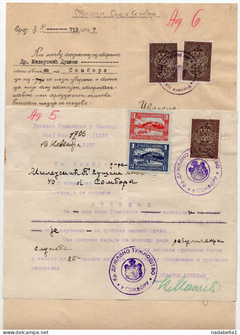 1937. KINGDOM OF YUGOSLAVIA,SERBIA,SOMBOR,4 DUNAVSKA BANOVINA REVENUE STAMPS,SOMBOR REGIONAL COURT CERTIFICATE - Briefe U. Dokumente