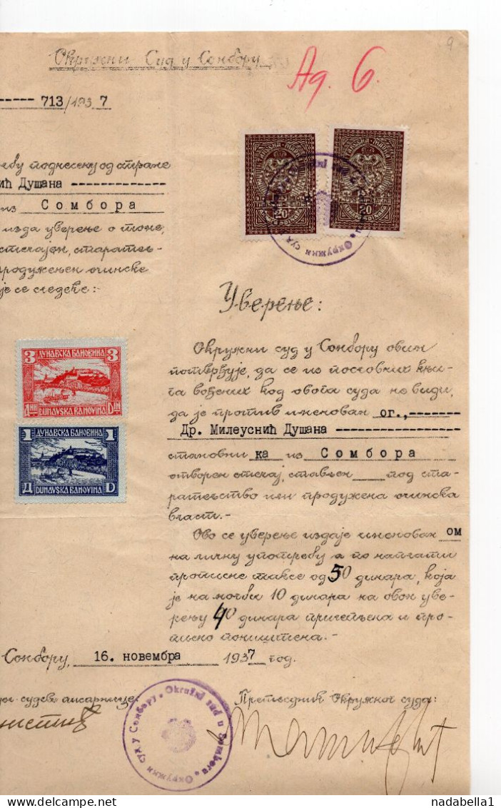 1937. KINGDOM OF YUGOSLAVIA,SERBIA,SOMBOR,4 DUNAVSKA BANOVINA REVENUE STAMPS,SOMBOR REGIONAL COURT CERTIFICATE - Storia Postale