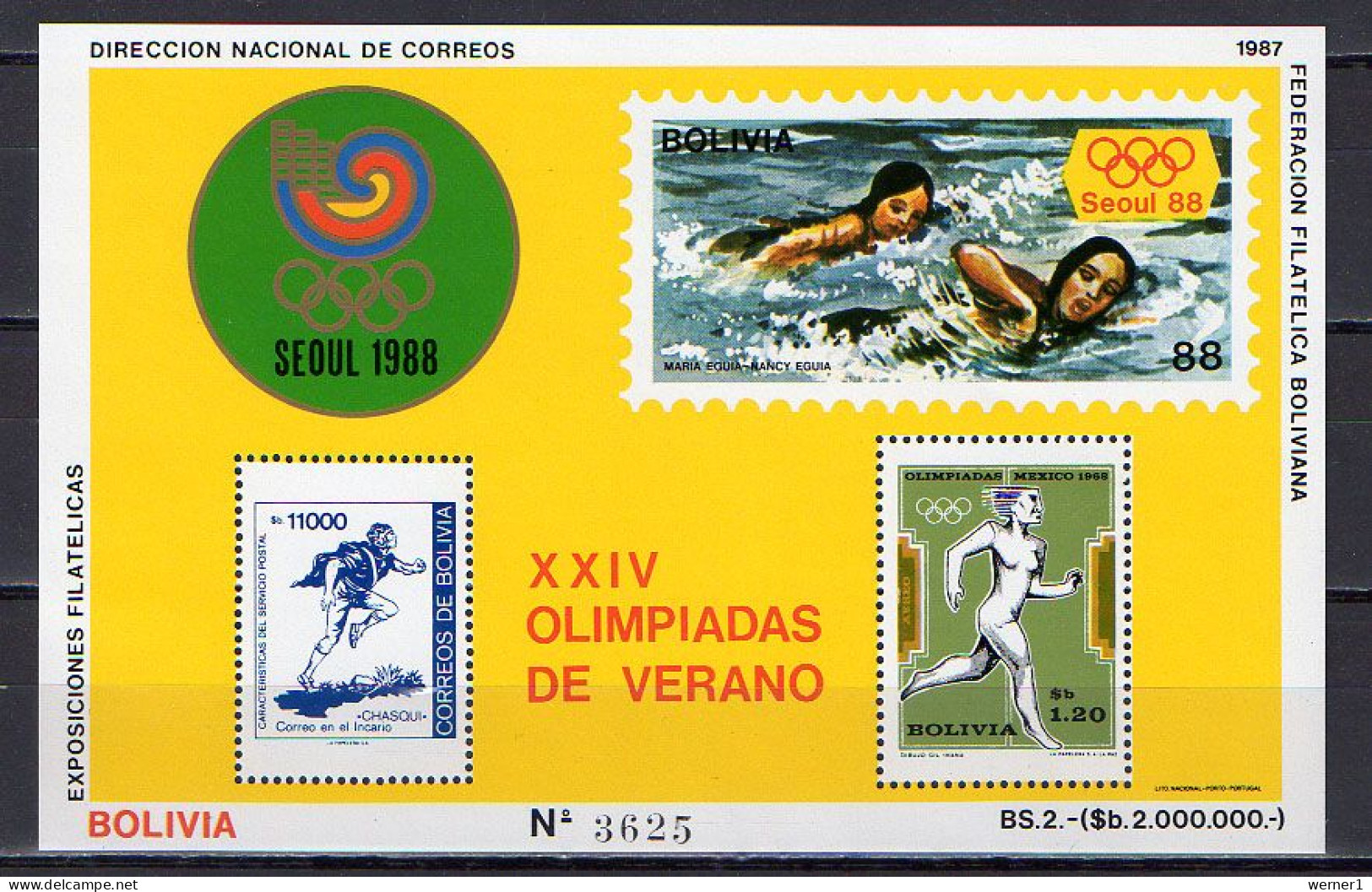 Bolivia 1987 Olympic Games Seoul, Swimming S/s MNH -scarce- - Summer 1988: Seoul