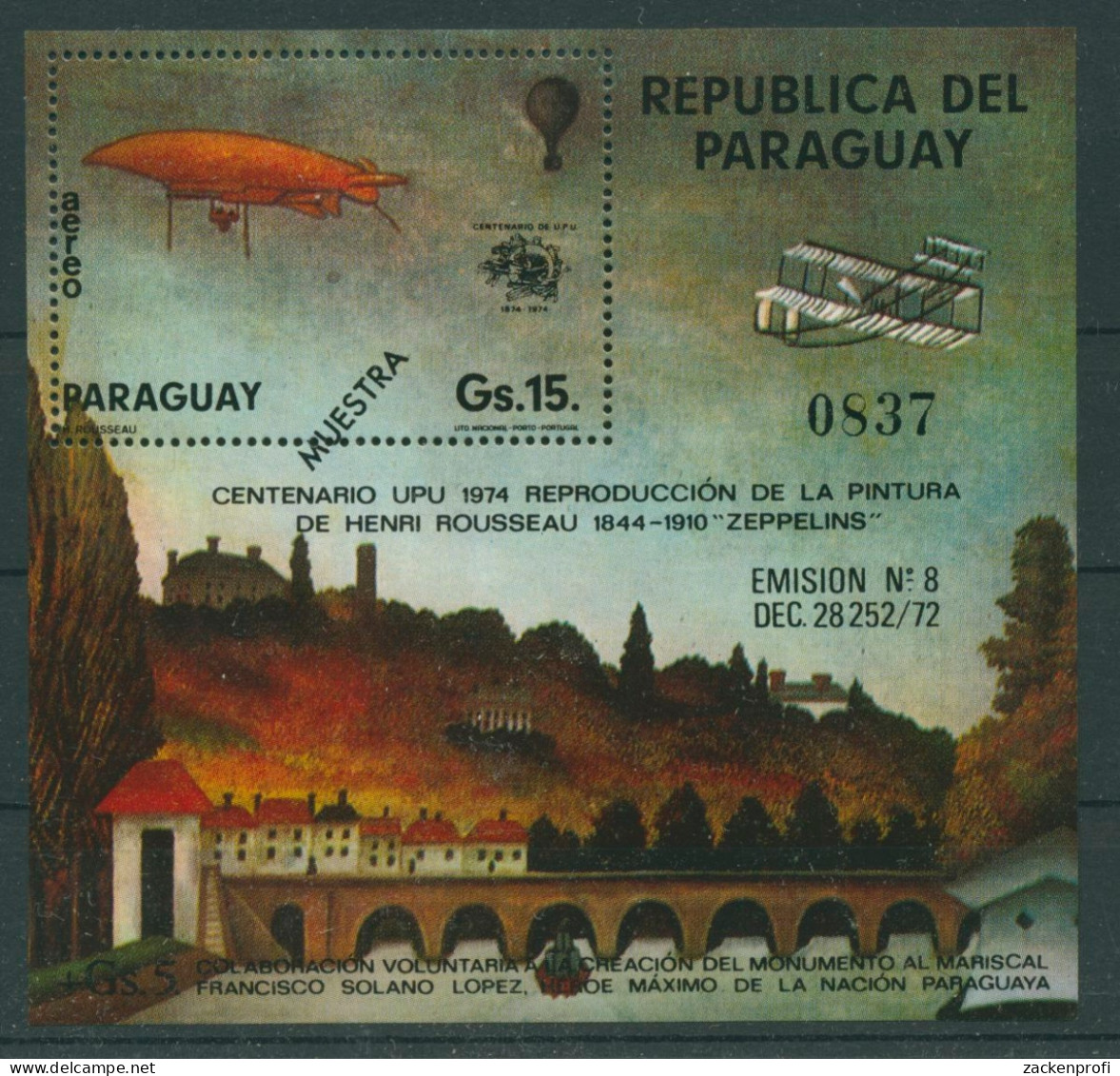 Paraguay 1974 Weltpostverein UPU Zeppelin Block 228 Muster Postfrisch (C22621) - Paraguay