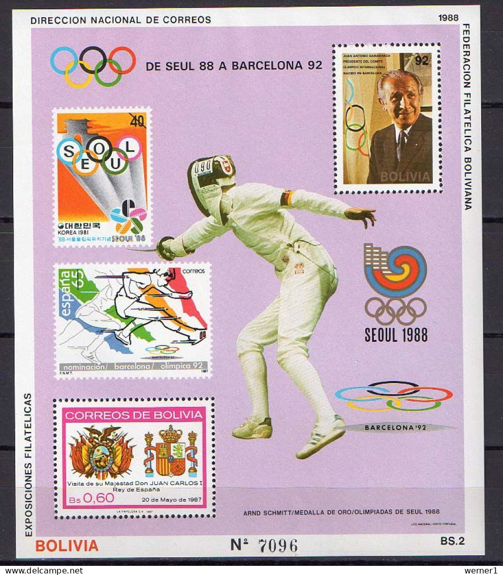 Bolivia 1988 Olympic Games Seoul, Fencing S/s MNH -scarce- - Ete 1988: Séoul