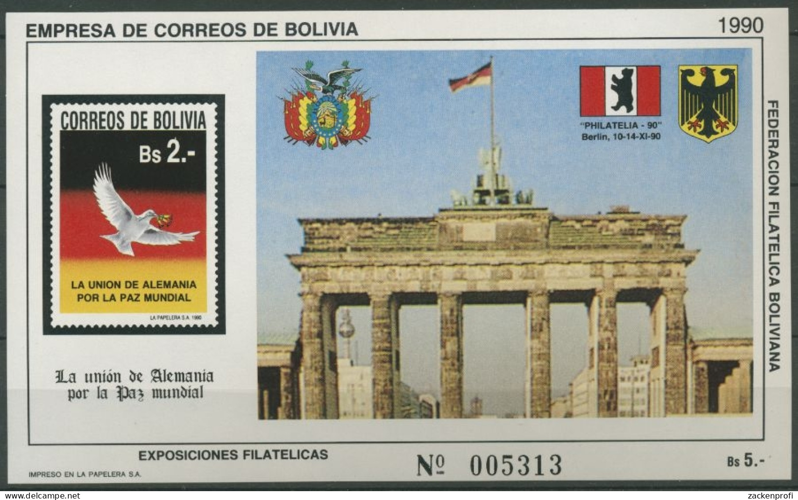 Bolivien 1990 Wiedervereinigung Deutschlands Block 191 I Postfrisch (C11687) - Bolivia