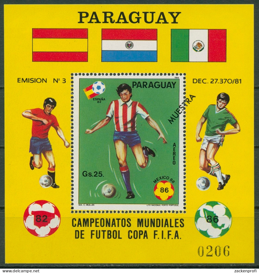 Paraguay 1984 Fußball-WM Spanien'82 Mexiko'86 Bl. 398 Muster Postfrisch (C95537) - Paraguay