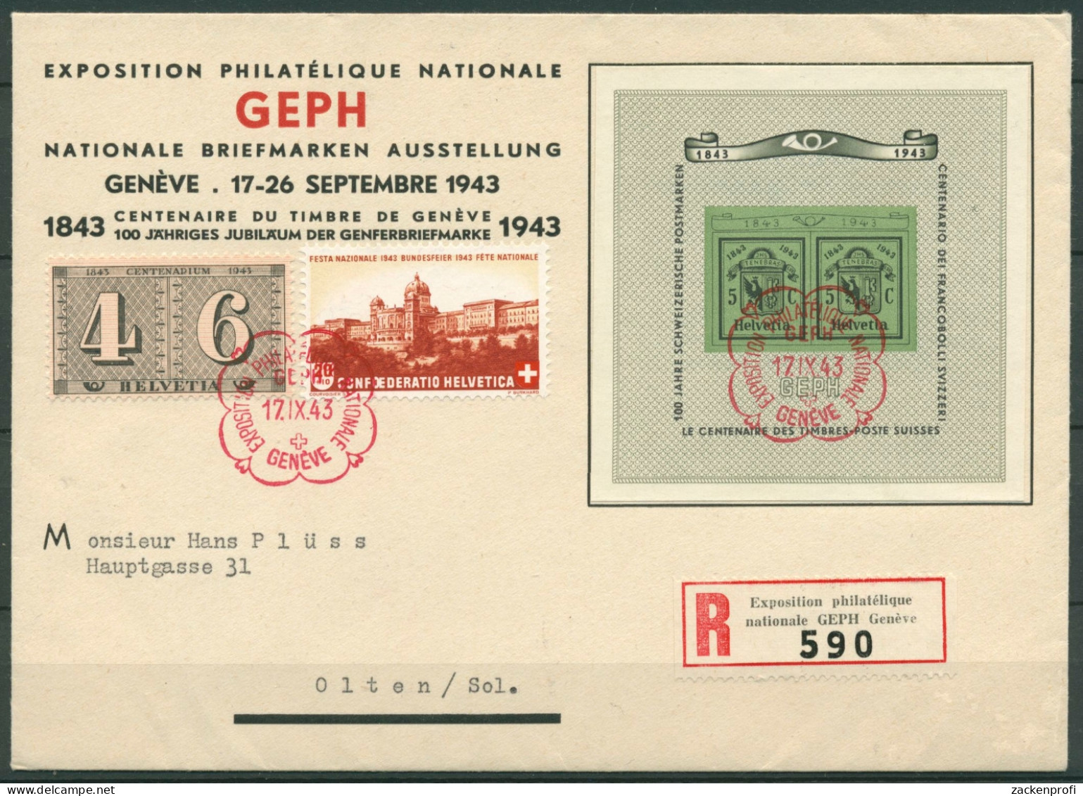 Schweiz 1943 GEPH 100 Jahre Doppelgenf Ersttagsbrief Block 10 FDC (X28194) - FDC