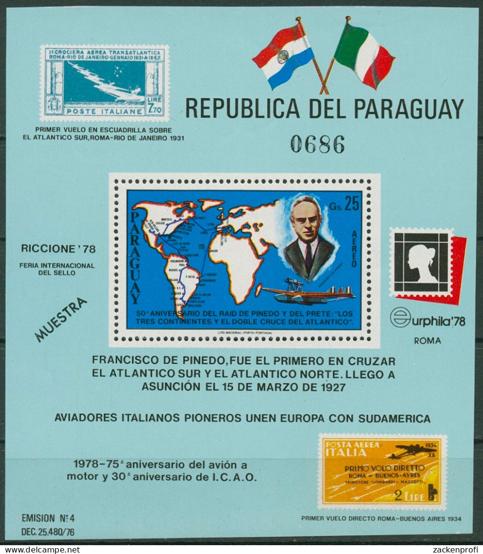 Paraguay 1978 Franc. De Pinedo Weltkarte Block 327 "Muster" Postfrisch (C95531) - Paraguay