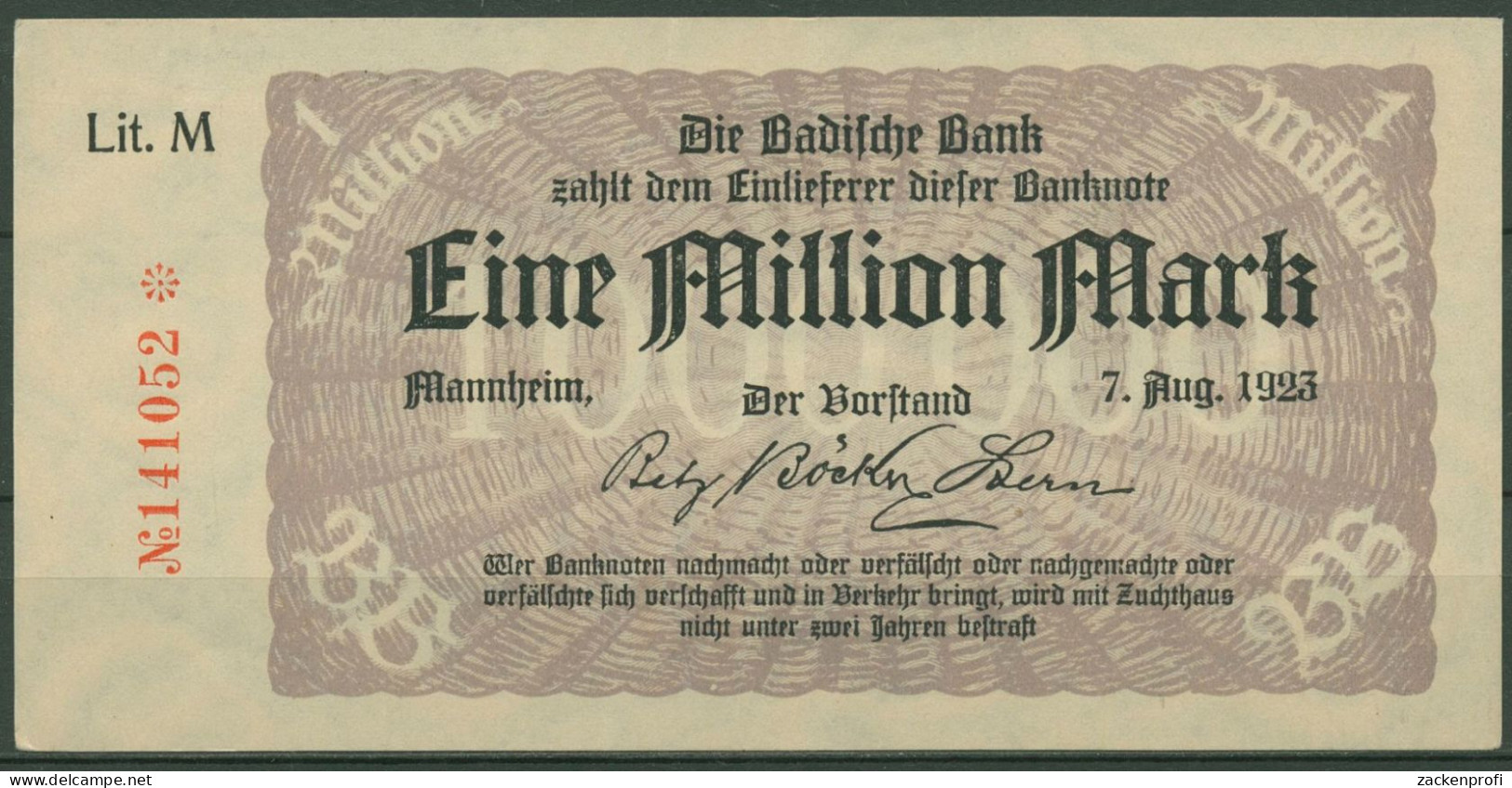 Badische Bank 1 Million Mark 1923 Lit. M, BAD-11b. Leicht Gebraucht (K219) - Autres & Non Classés