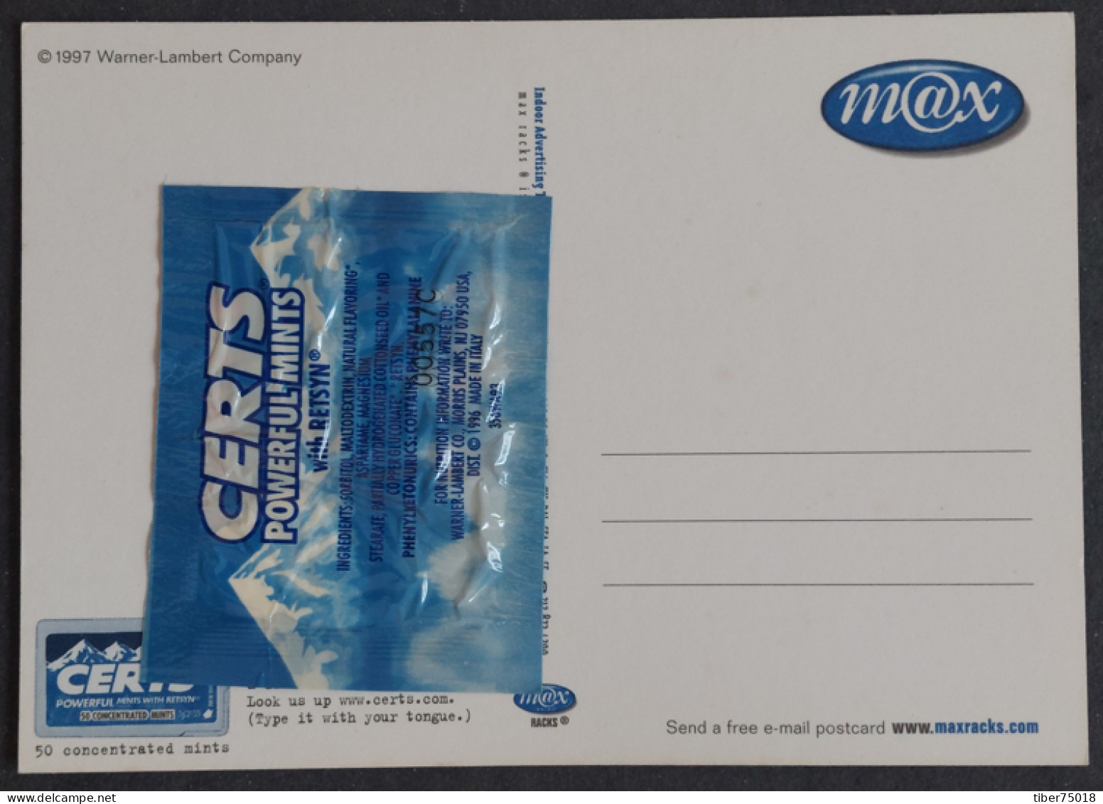 Carte Postale - New Certs Powerful Mints (bouche - Lèvres Rouges) (échantillon Collé Au Verso) - Advertising