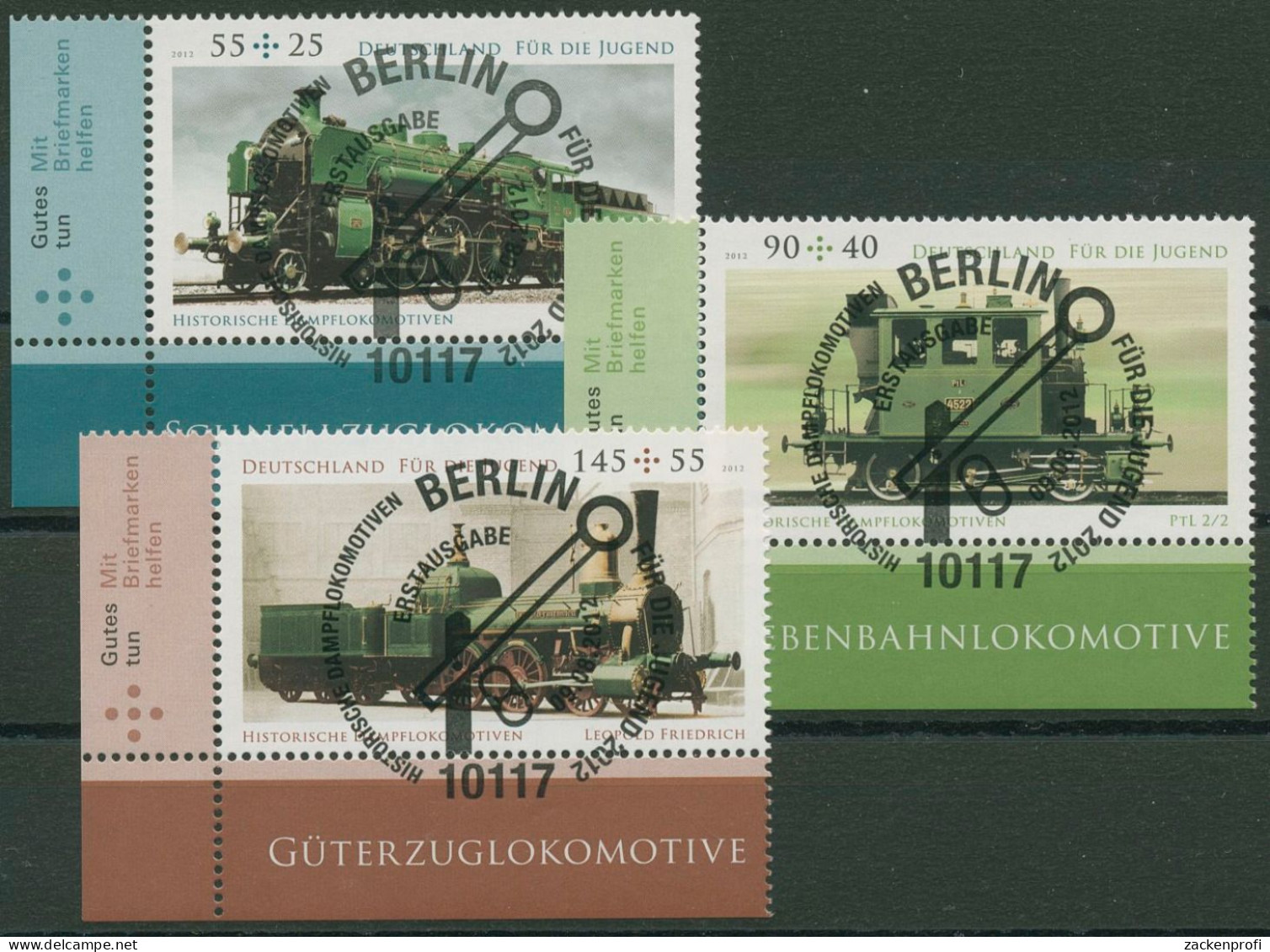 Bund 2012 Jugend Dampflokomotiven 2946/48 Ecke 3 Mit TOP-ESST Berlin (E3969) - Used Stamps