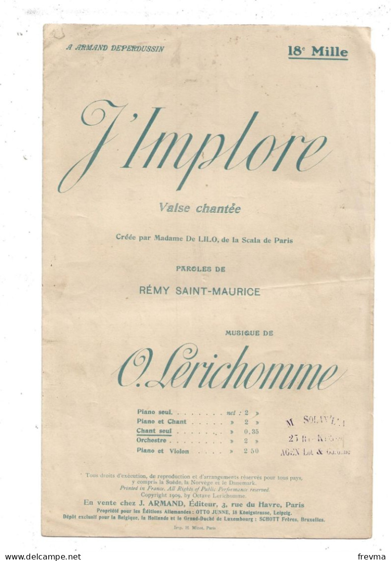 Partition Complete L'implore 1909 Valse Chantée - Compositori Di Commedie Musicali