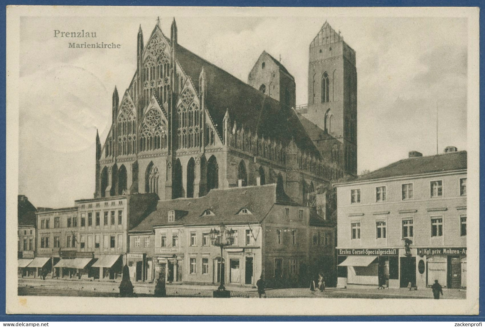 Prenzlau Königstraße Mit Marienkirche Geschäfte, Gelaufen 1929 (AK3934) - Prenzlau