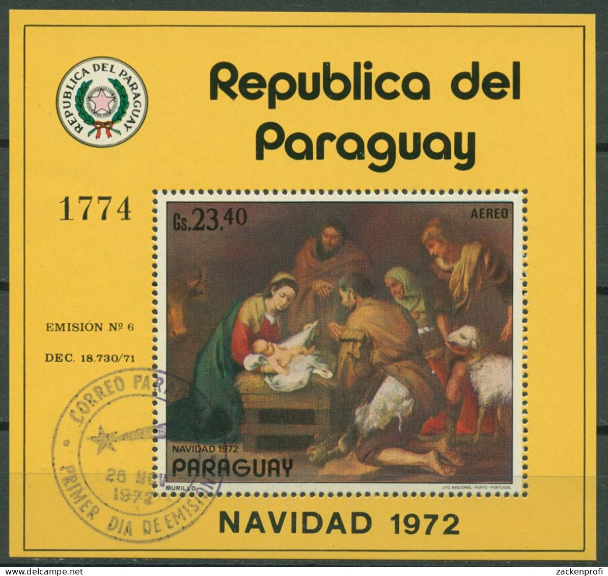 Paraguay 1972 Gemälde: Anbetung Der Hirten Block 197 Gestempelt (C80466) - Paraguay