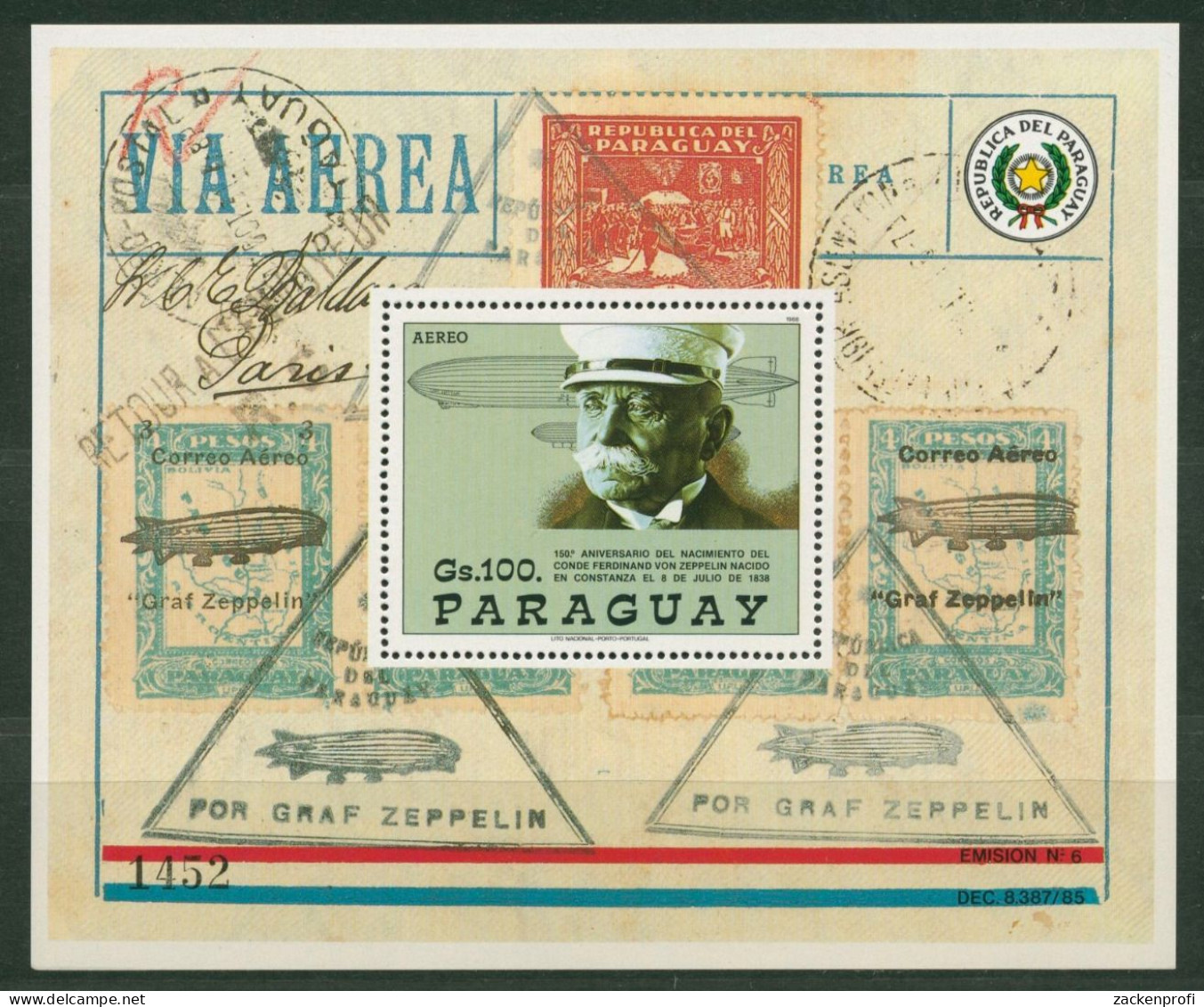 Paraguay 1988 150. Geburtstag Graf Zeppelin Block 452 Postfrisch (C22689) - Paraguay